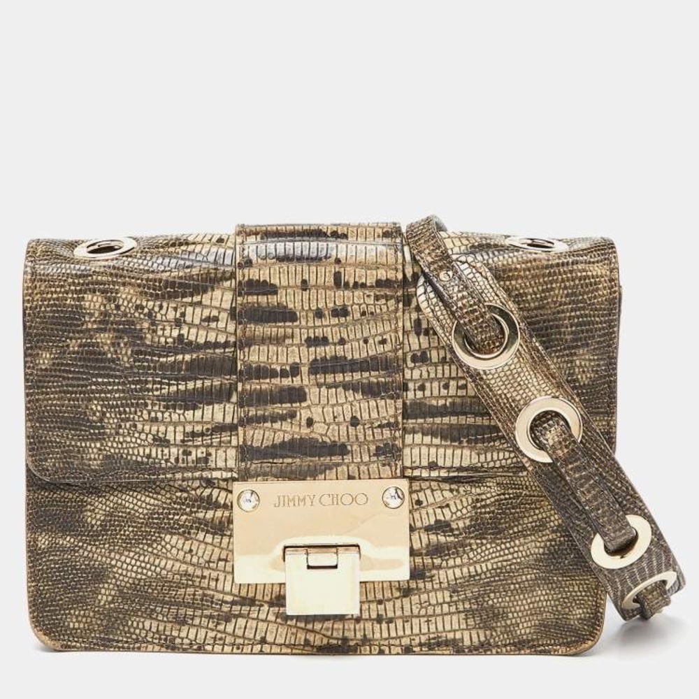 [SOLD] Jimmy Choo Black/Beige Snake or Croc Embossed Leather Rebel Crossbody Bag